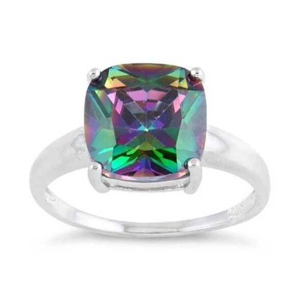 Sterling Silver Cushion Cut Rainbow Mystic Topaz Ring New - Picture 2 of 7